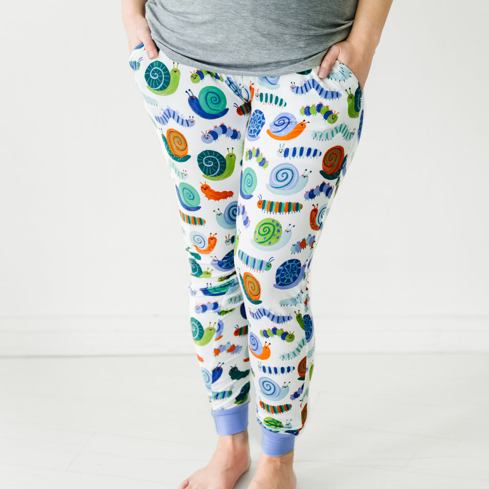 Close up image of a woman wearing Inchin' Along women's pajama pants