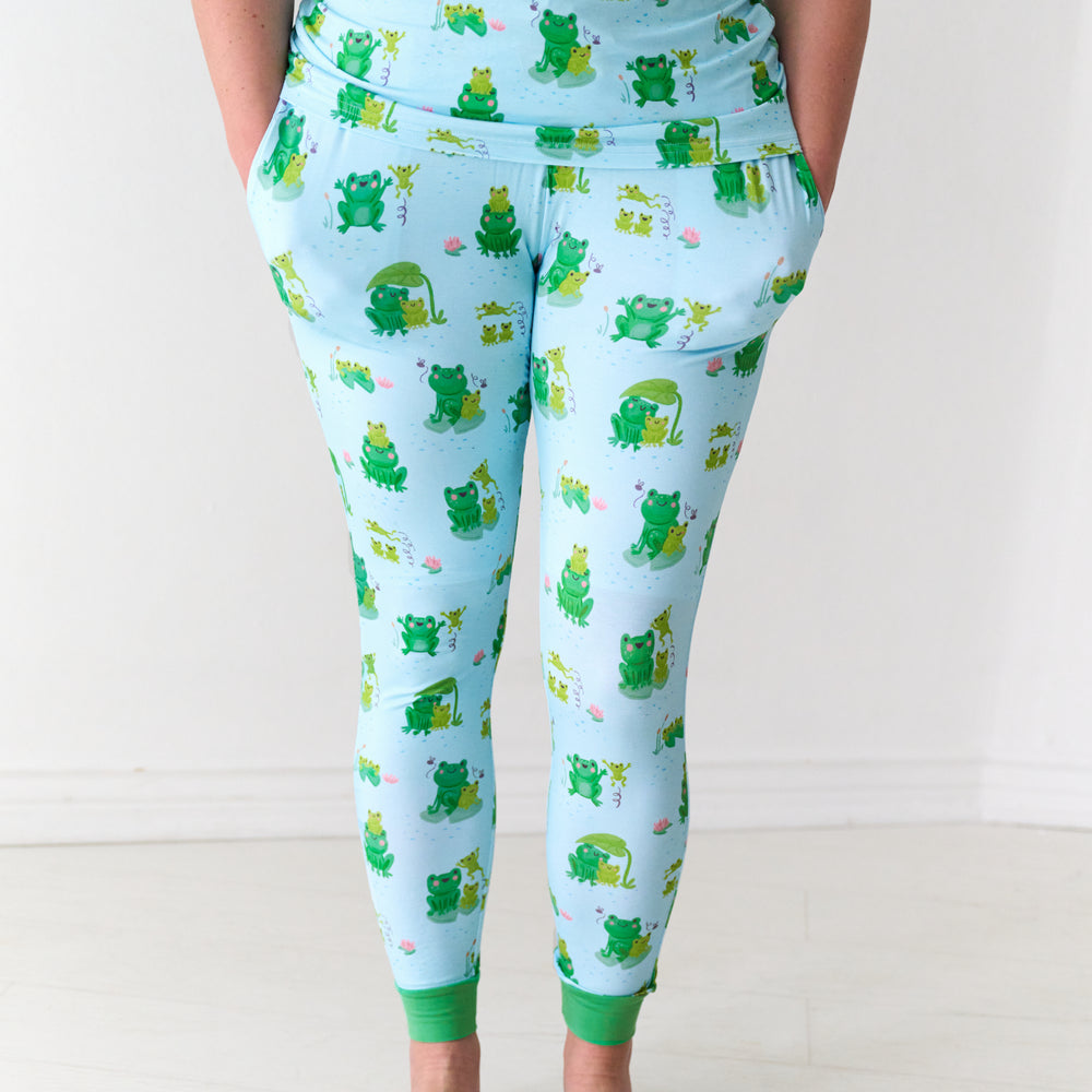 Close up image of a woman wearing Leaping Love women's pajama pants and matching pajama top