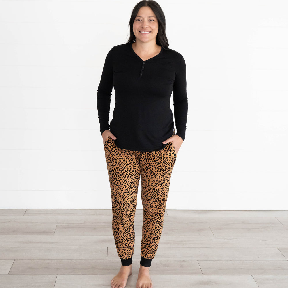 Female model wearing the Classic Leopard Women's Pajama Pants