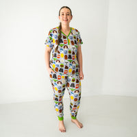 Woman wearing Legends of the Galaxy women's pajama pants and matching pajama top