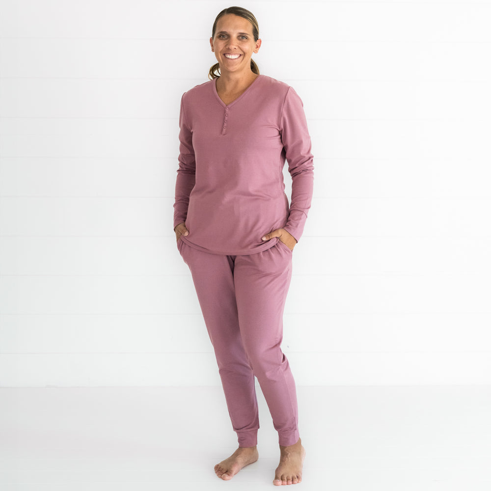  image of a woman wearing a Cozy Dusty Plum women's pj top and matching women's pants