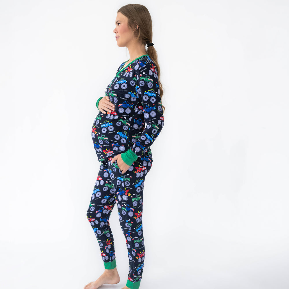 Side view of pregnant women in the Monster Truck Madness Women's Pajama Top