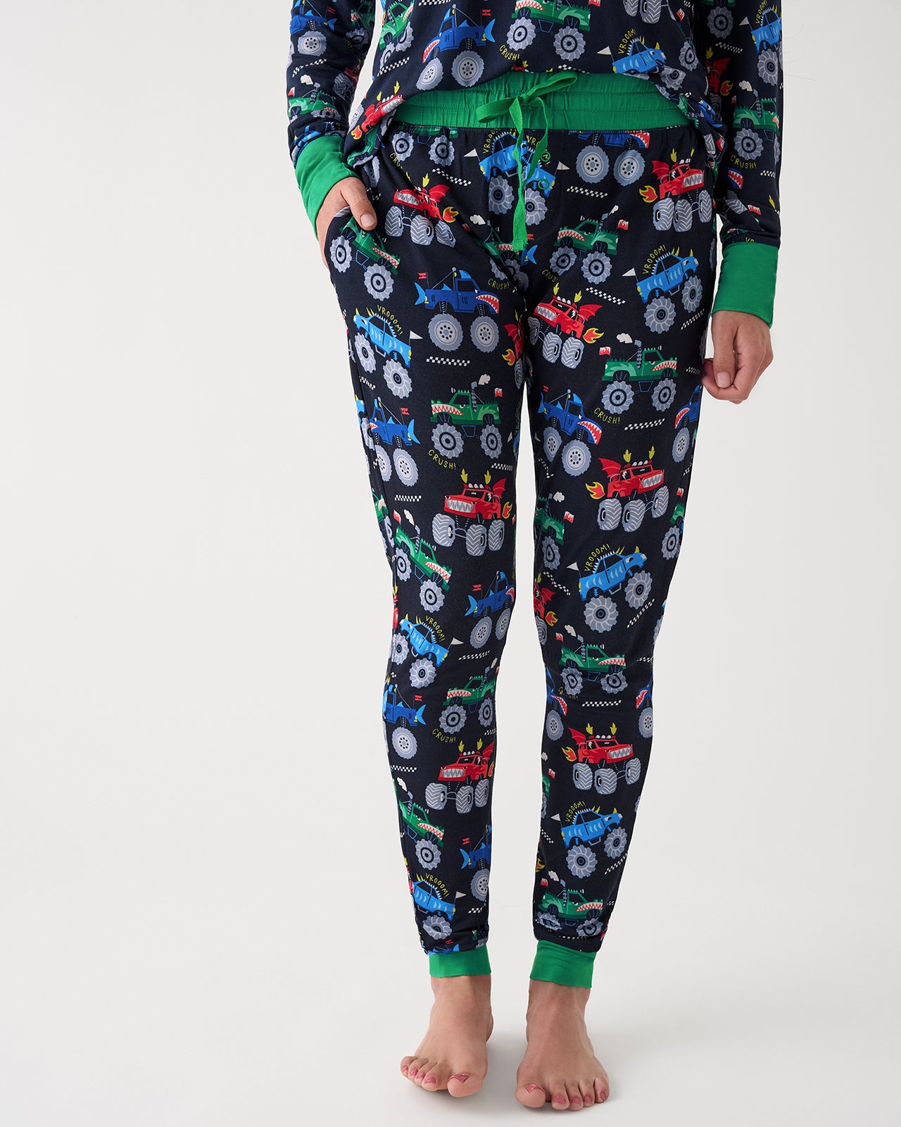Close up of woman wearing the Monster Truck Madness Women's Pajama Pants