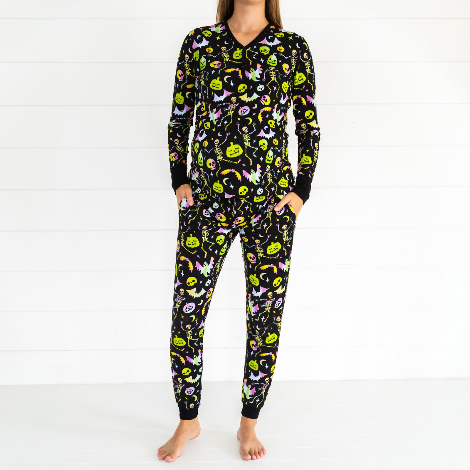 woman wearing Cool Ghouls women's pj top and women's pj pants