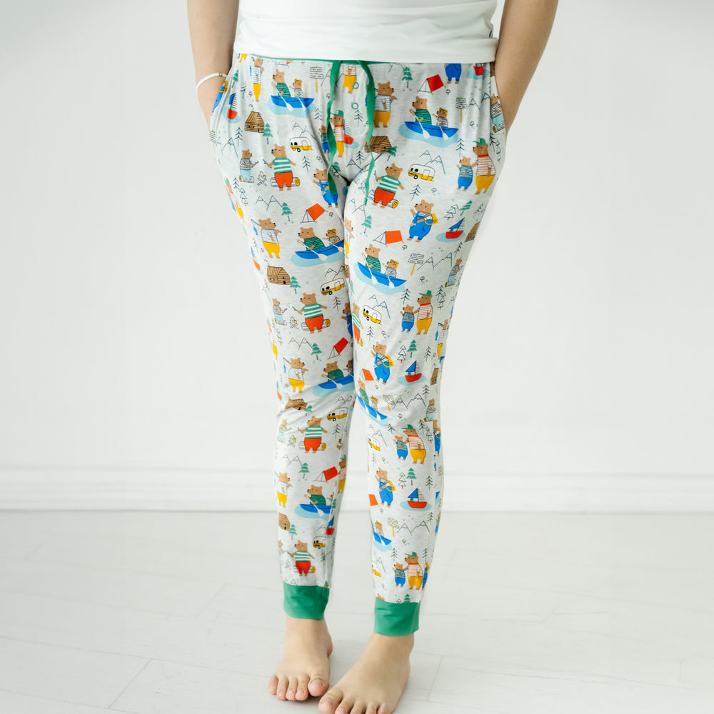 Close up image of a woman wearing Papa Bear women's pj pants