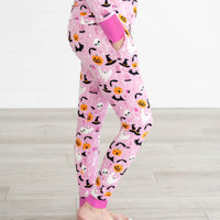 Side view image of the Pink Glowing Ghouls Women's Pajama Pants