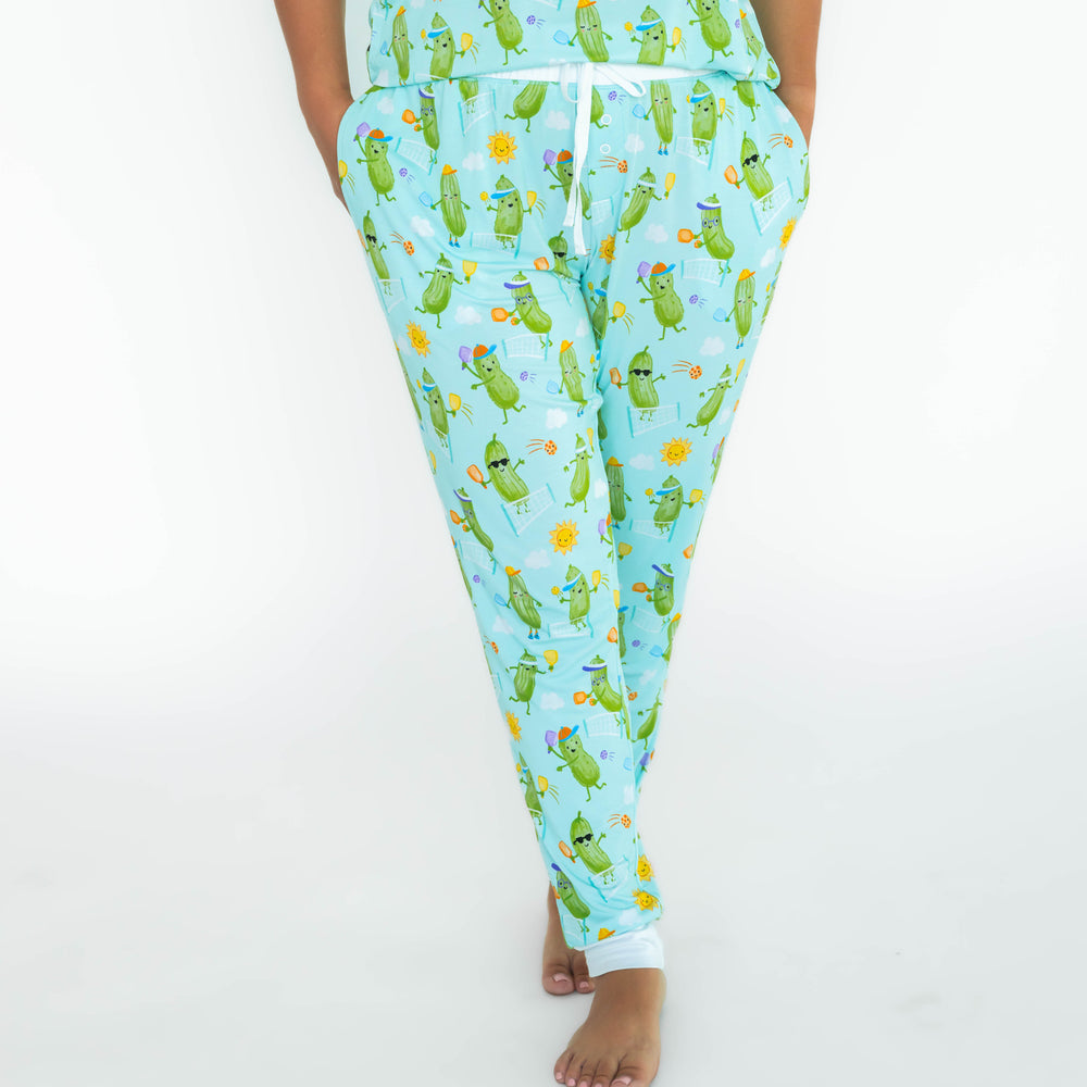 Front view, with drawstring visible, of woman wearing the Pickle Power Women's Pajama Pants
