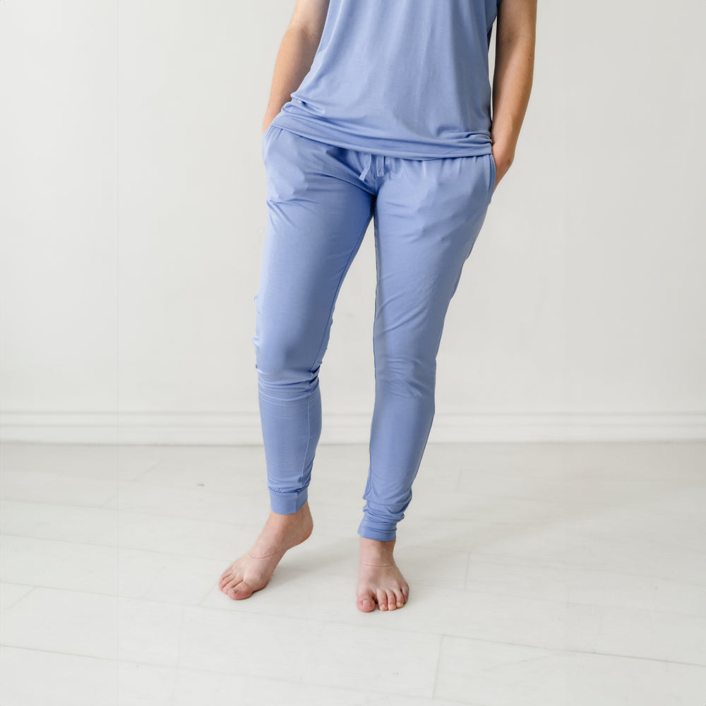 Close up image of a woman wearing Slate Blue women's pajama pants