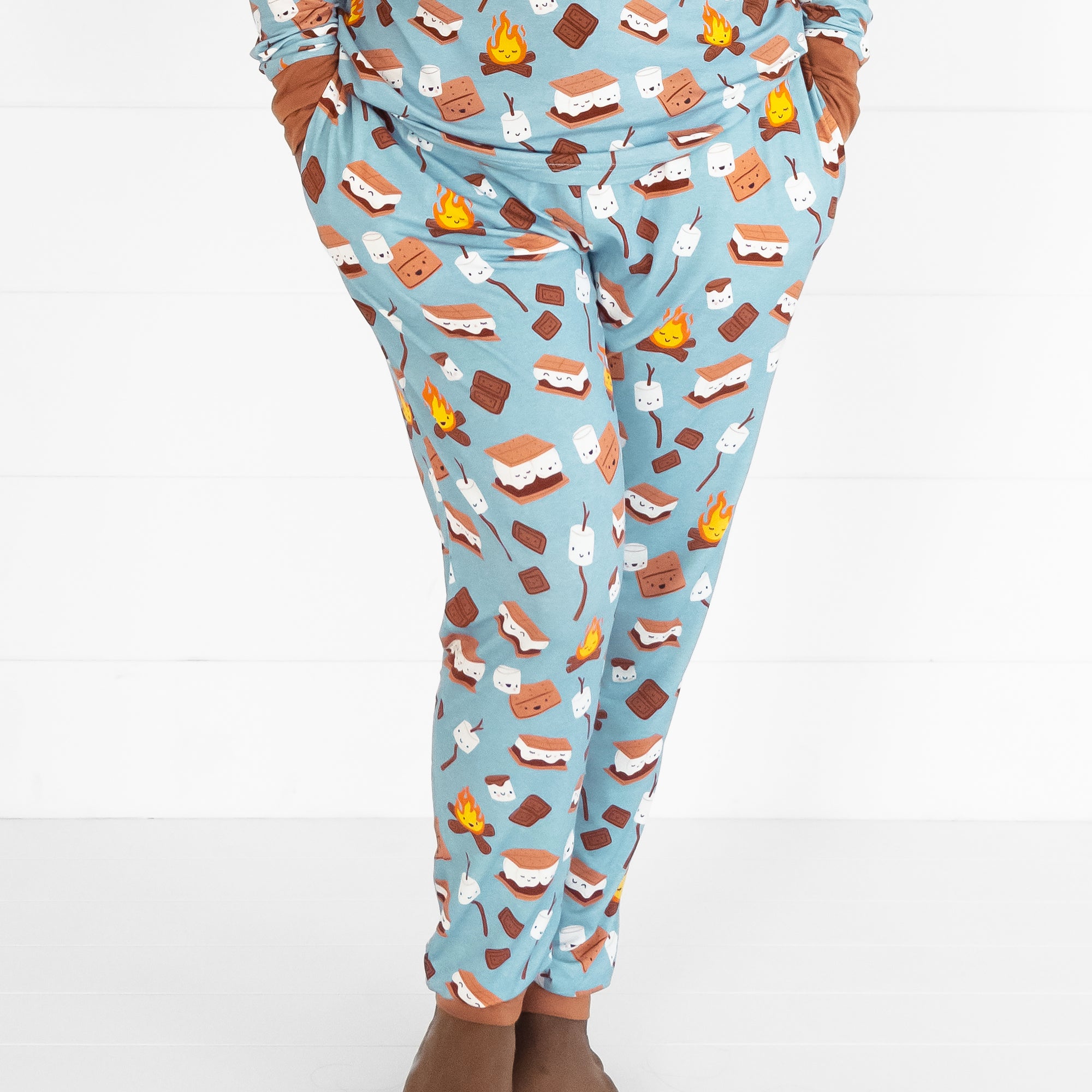 close up image of a woman wearing S'mores Galore women's pj pants