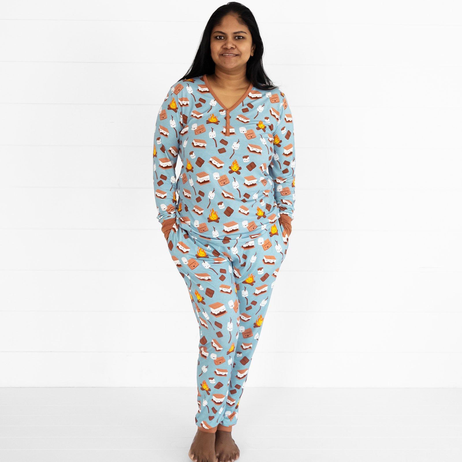 image of a woman wearing a women's S'mores Galore women's pj top and matching women's pj pants