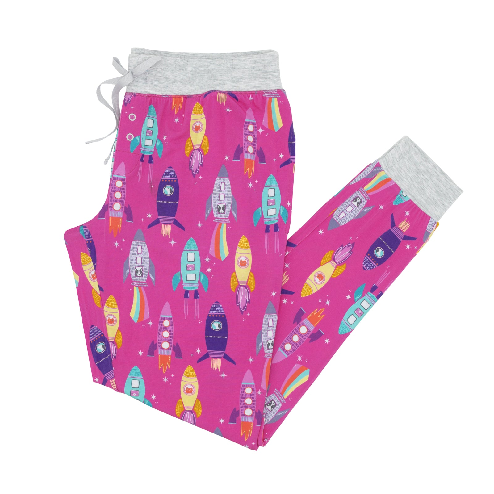 Flat lay image of women's Pink Space Explorer pajama pants
