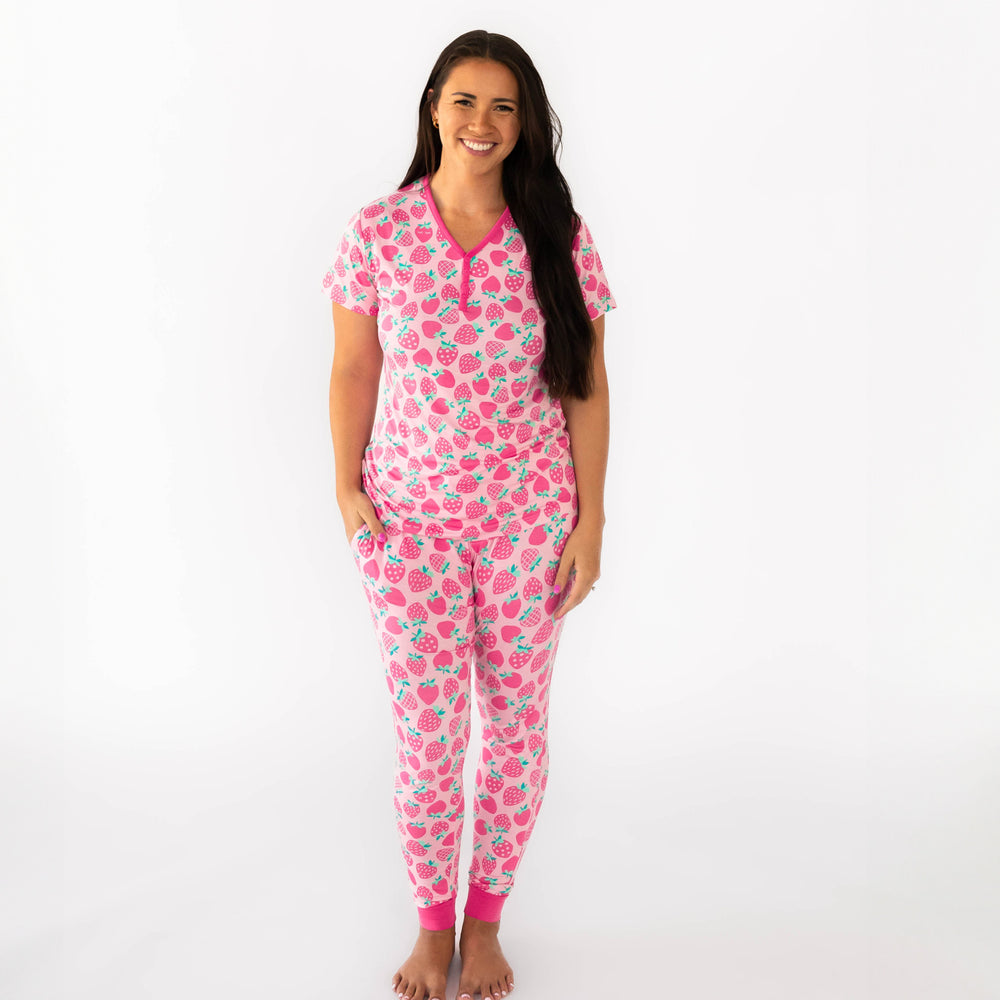Full body image of woman wearing the Sweet Strawberries Women's Pajama Pants & Top