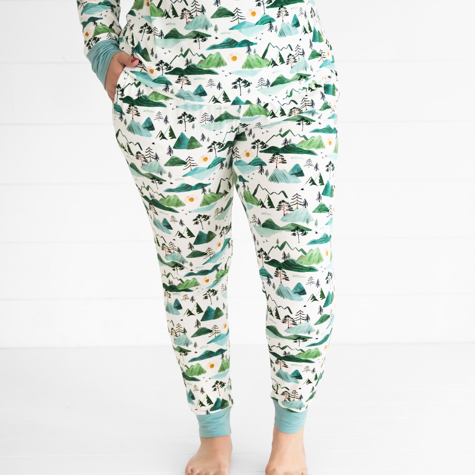 Close up image of a woman wearing Mountain Mist women's pj pants