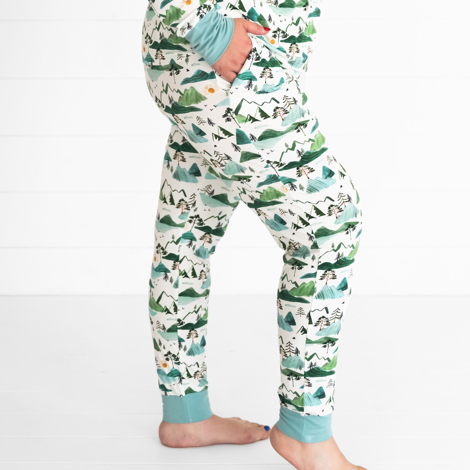 Close up profile image of a woman wearing Mountain Mist women's pj pants