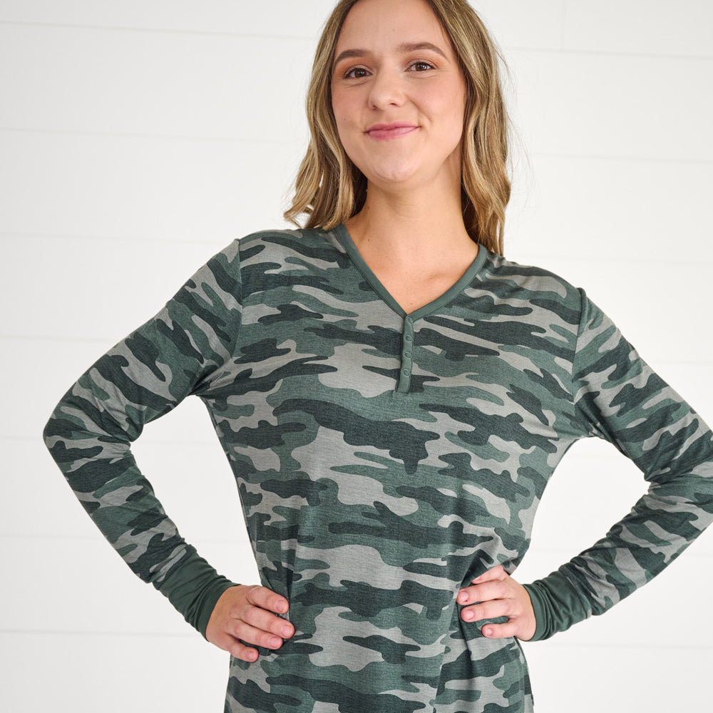 Close up image of female model wearing the Vintage Camo Women's Pajama Top