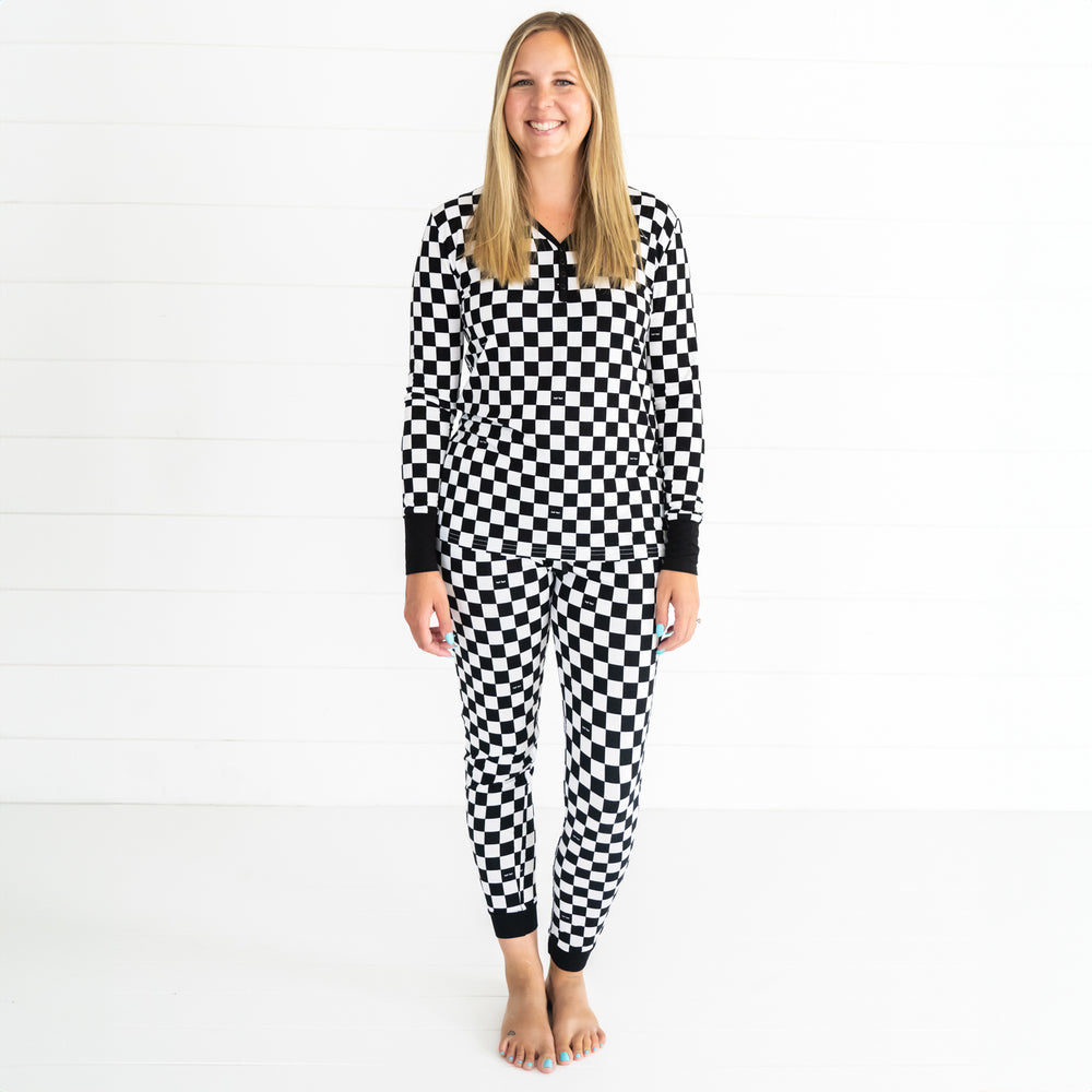 woman wearing Cool Checks women's pj top and matching pj pants