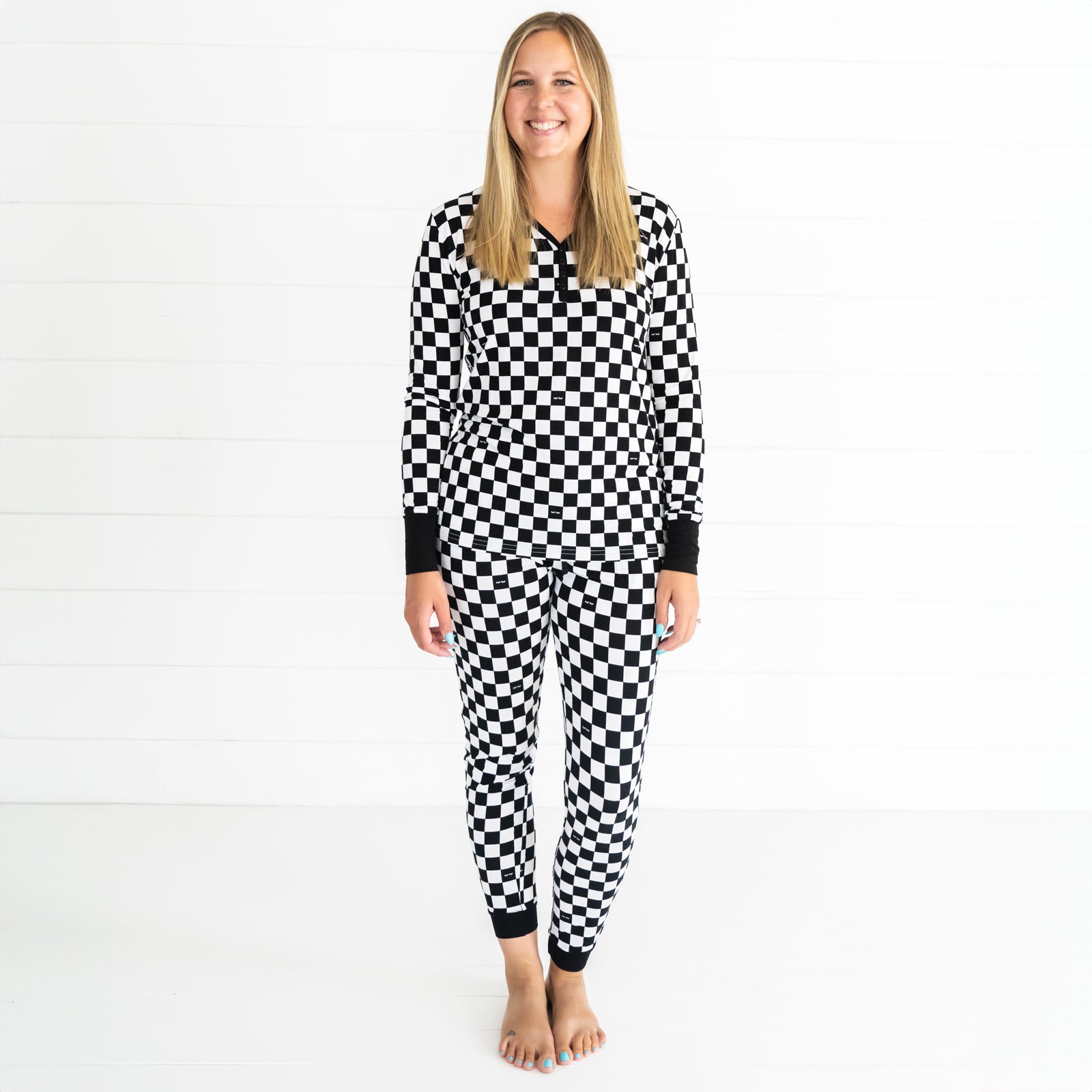 woman wearing Cool Checks women's pj top and matching pj pants