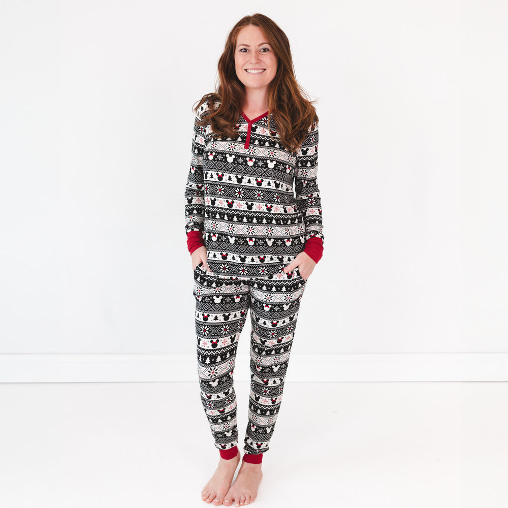 Image of a woman wearing women's Mickey Fair Isle pj top and matching women's pj pants