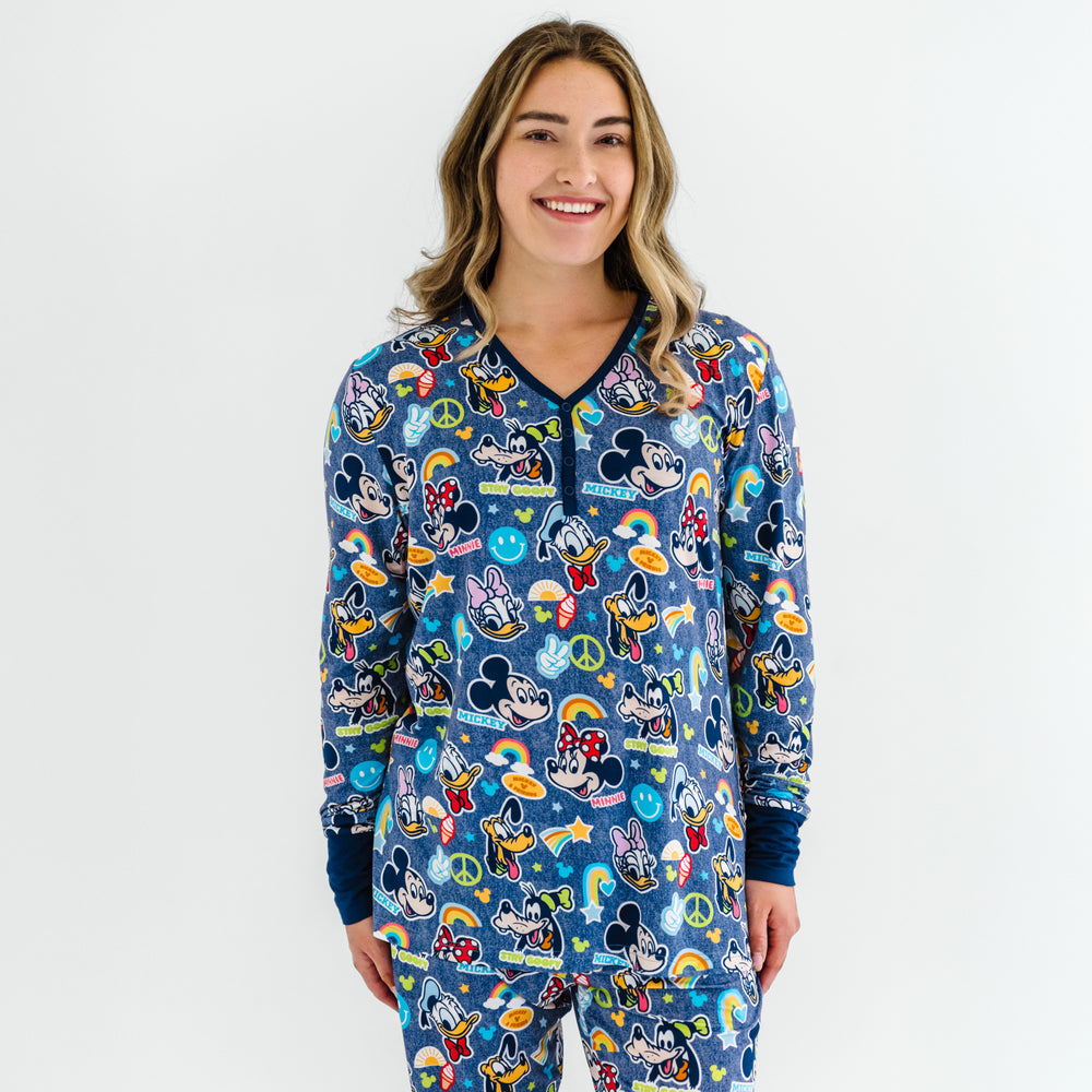 Woman wearing the Disney Mickey's Clubhouse bamboo pajama top and matching bottoms