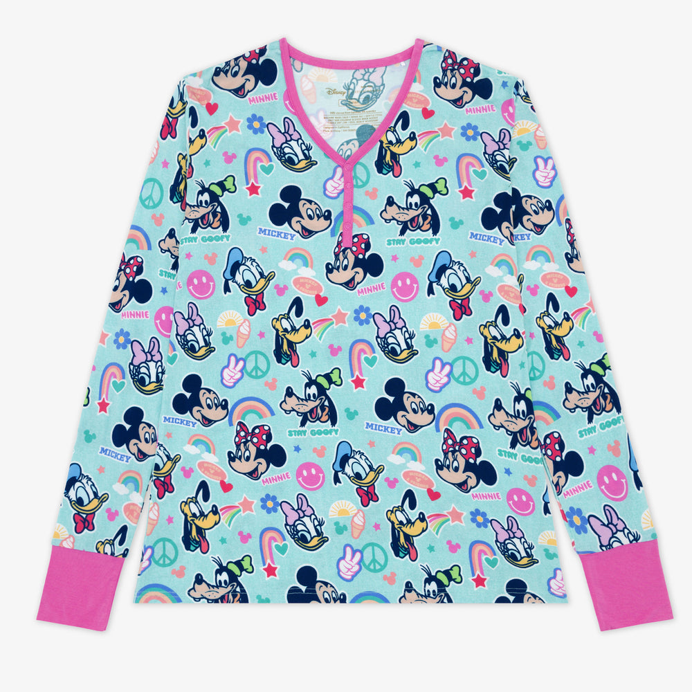 Flat lay image of the Pink Disney Mickey's Clubhouse womens bamboo pajama top