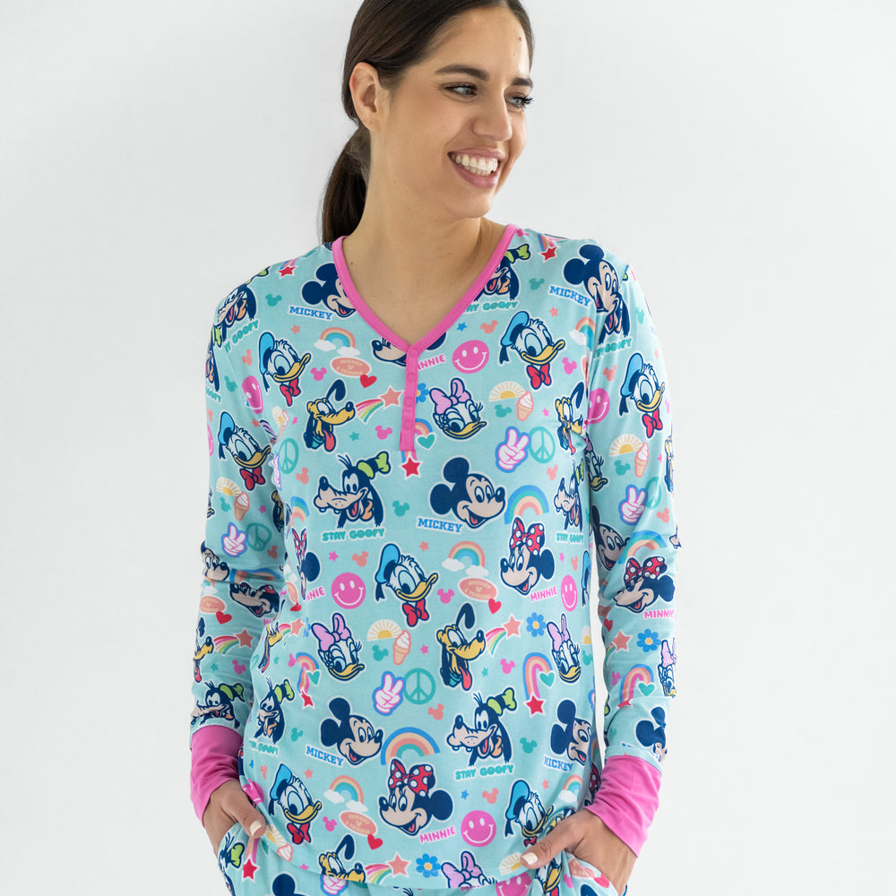 Close up of a woman wearing the Mickey's Clubhouse bamboo pajama top