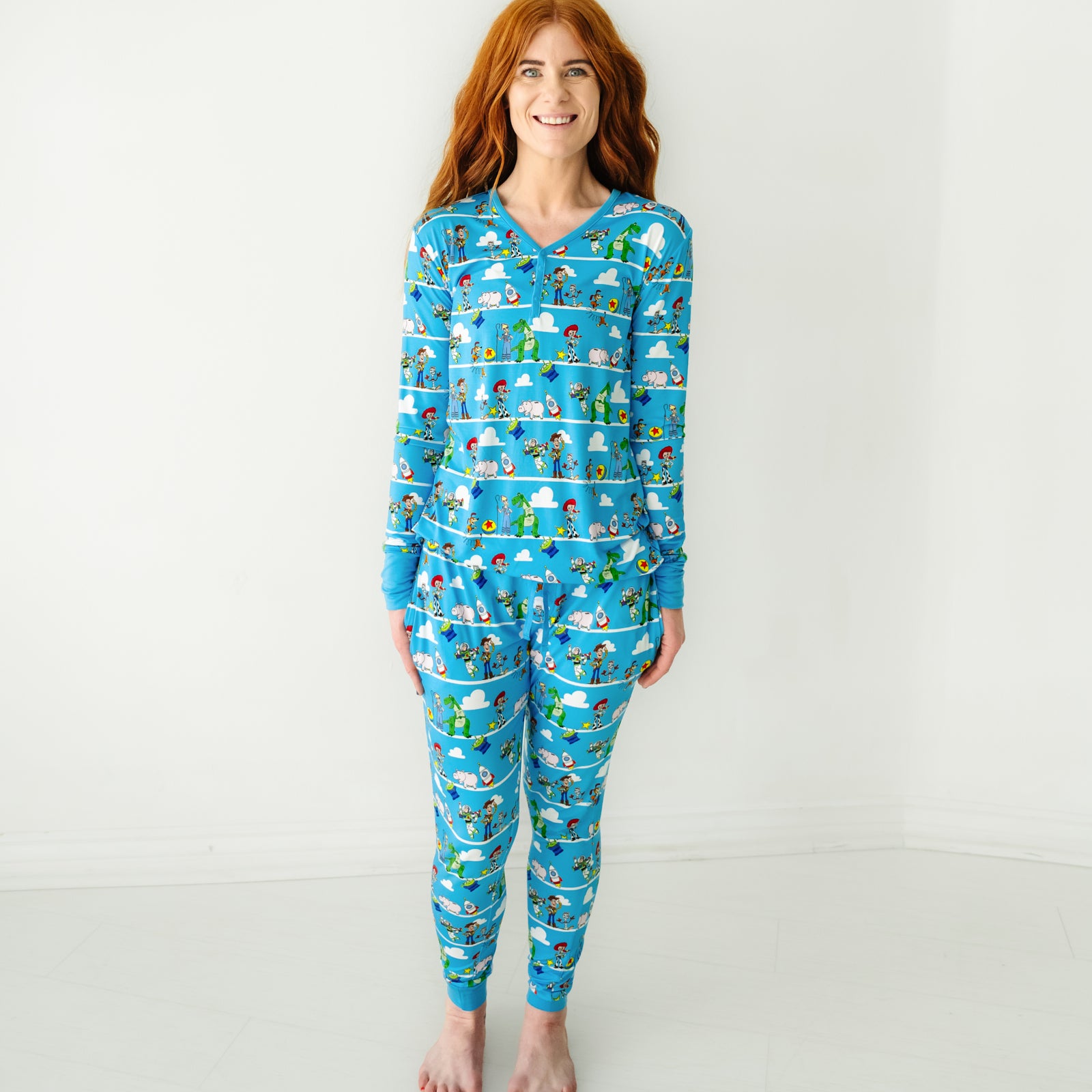 Alternate image of a woman wearing a Disney Pixar Toy Story Pals women's pajama top and matching pajama pants