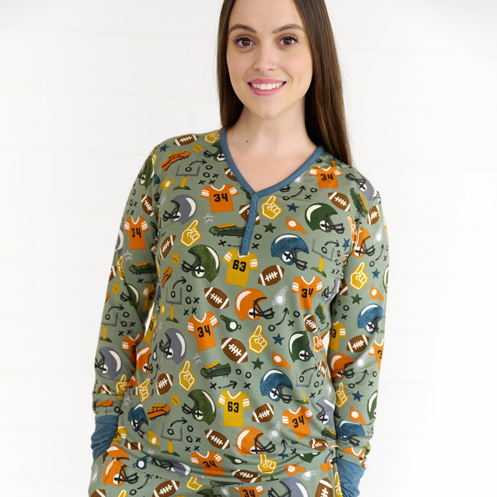 Close up image of the touchdown-time-womens-pajama-top