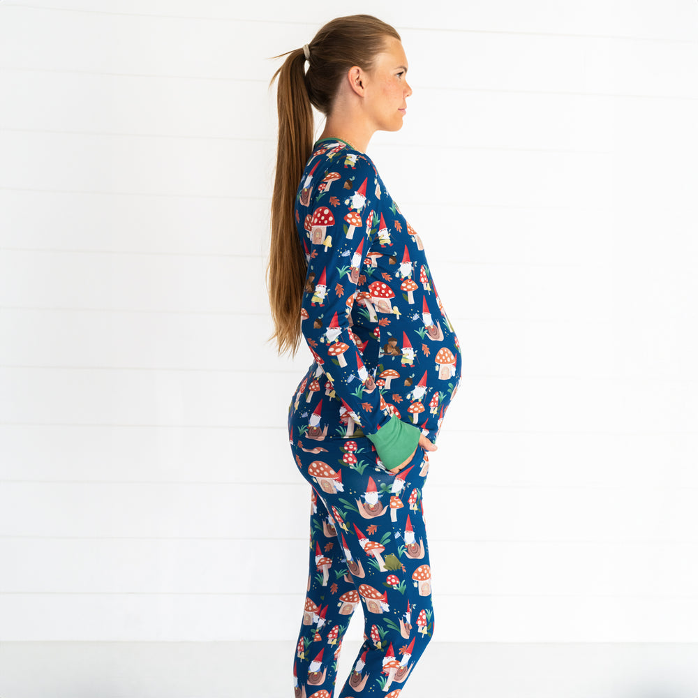 Side view of pregnant female model wearing the Forest Gnomes Women's Long Sleeve Top