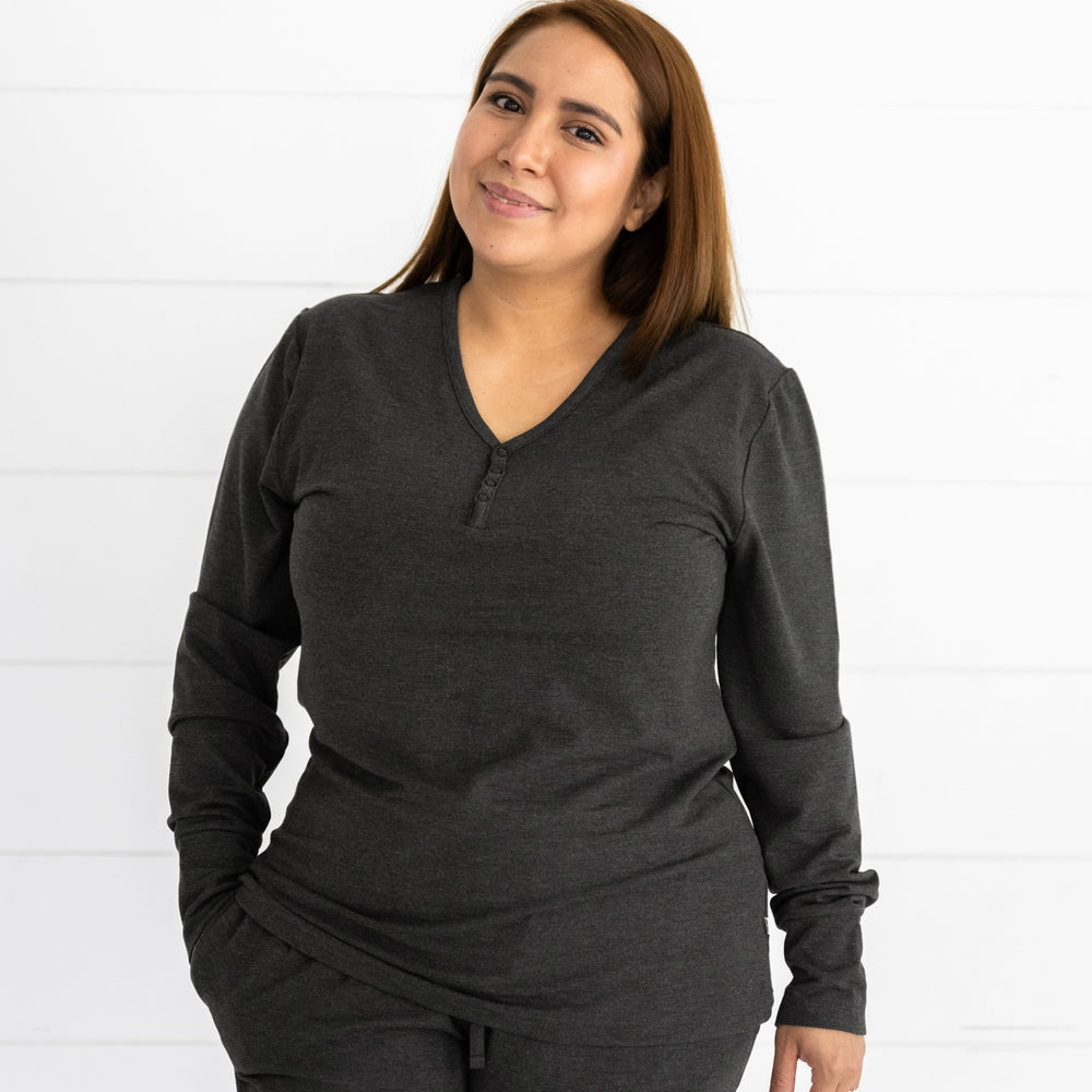 Close up image of a woman wearing a Cozy Heather Black women's pj top