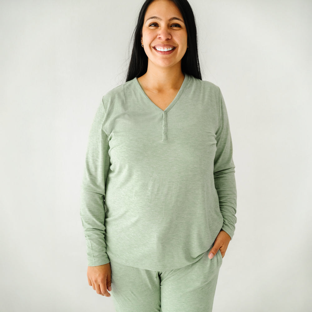 Click to see full screen - woman wearing Heather Sage Ribbed women's pajama top paired with matching women's pajama pants