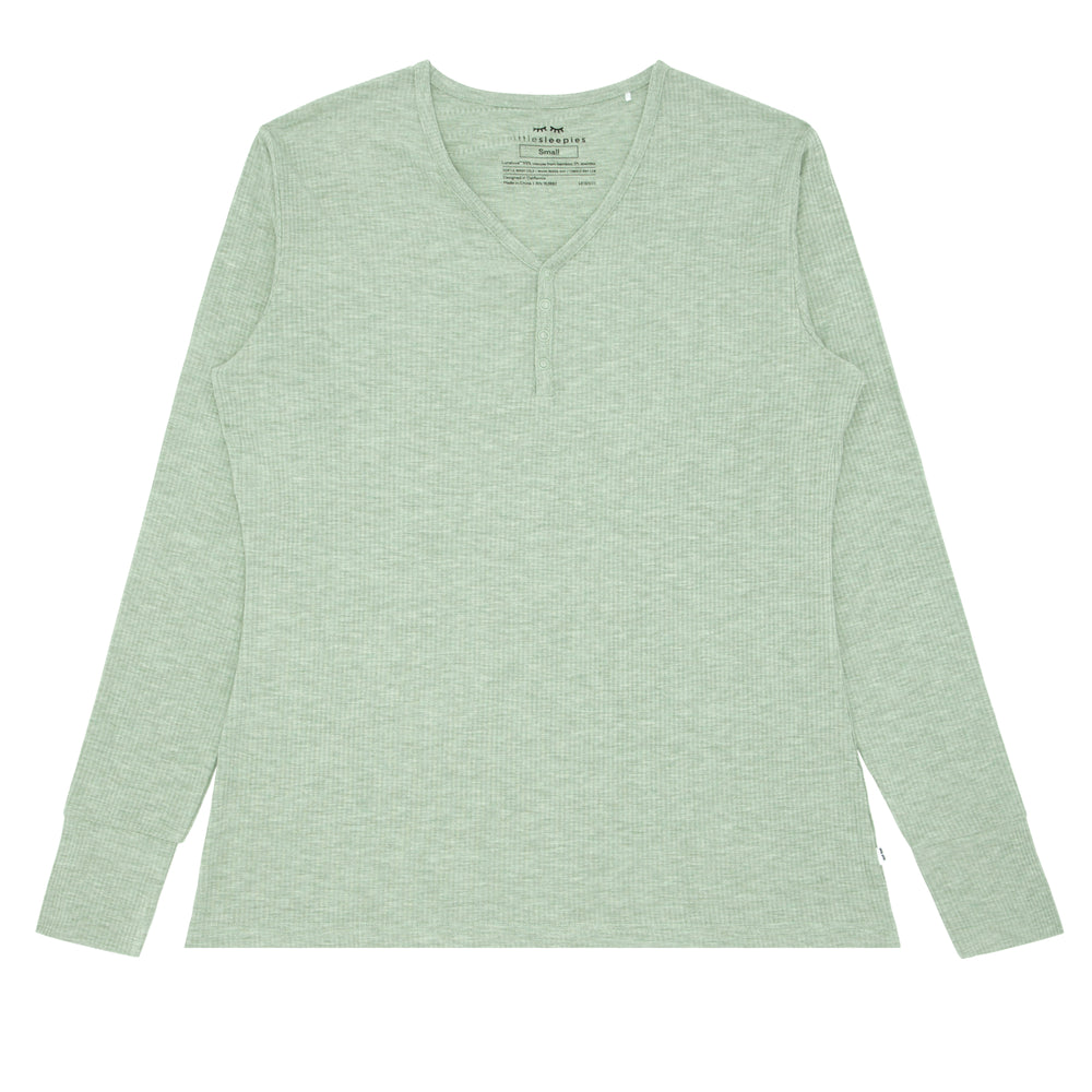 Click to see full screen - Flat lay image of women's Heather Sage Ribbed pajama top