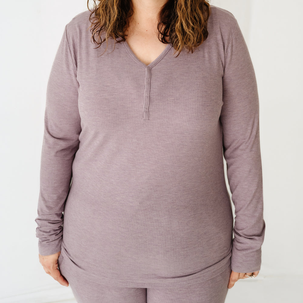 Click to see full screen - Close up image of a woman wearing Heather Smokey Lavender Ribbed women's pajama top paired with matching women's pajama pants