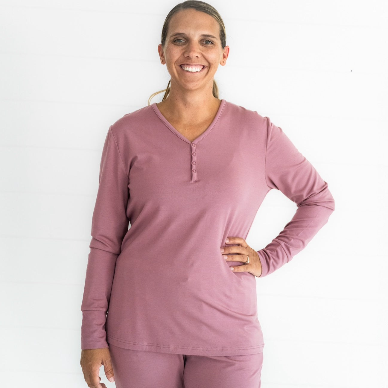 close up image of a woman wearing a Cozy Dusty Plum women's pj top