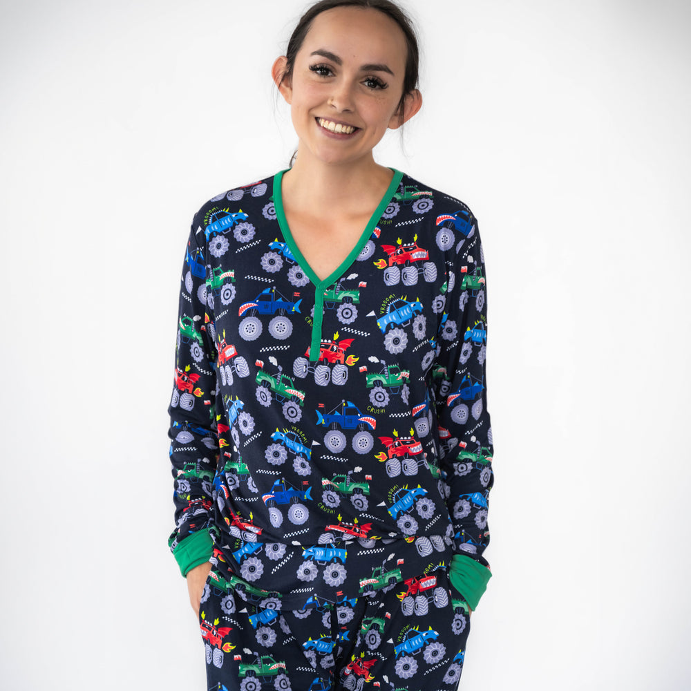 Woman wearing the Monster Truck Madness Women's Pajama Top