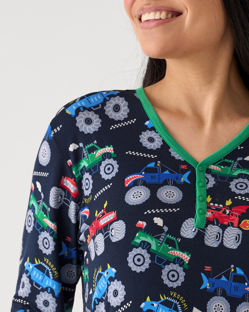 Close up of the henley buttons on the Monster Truck Madness Women's Pajama Top