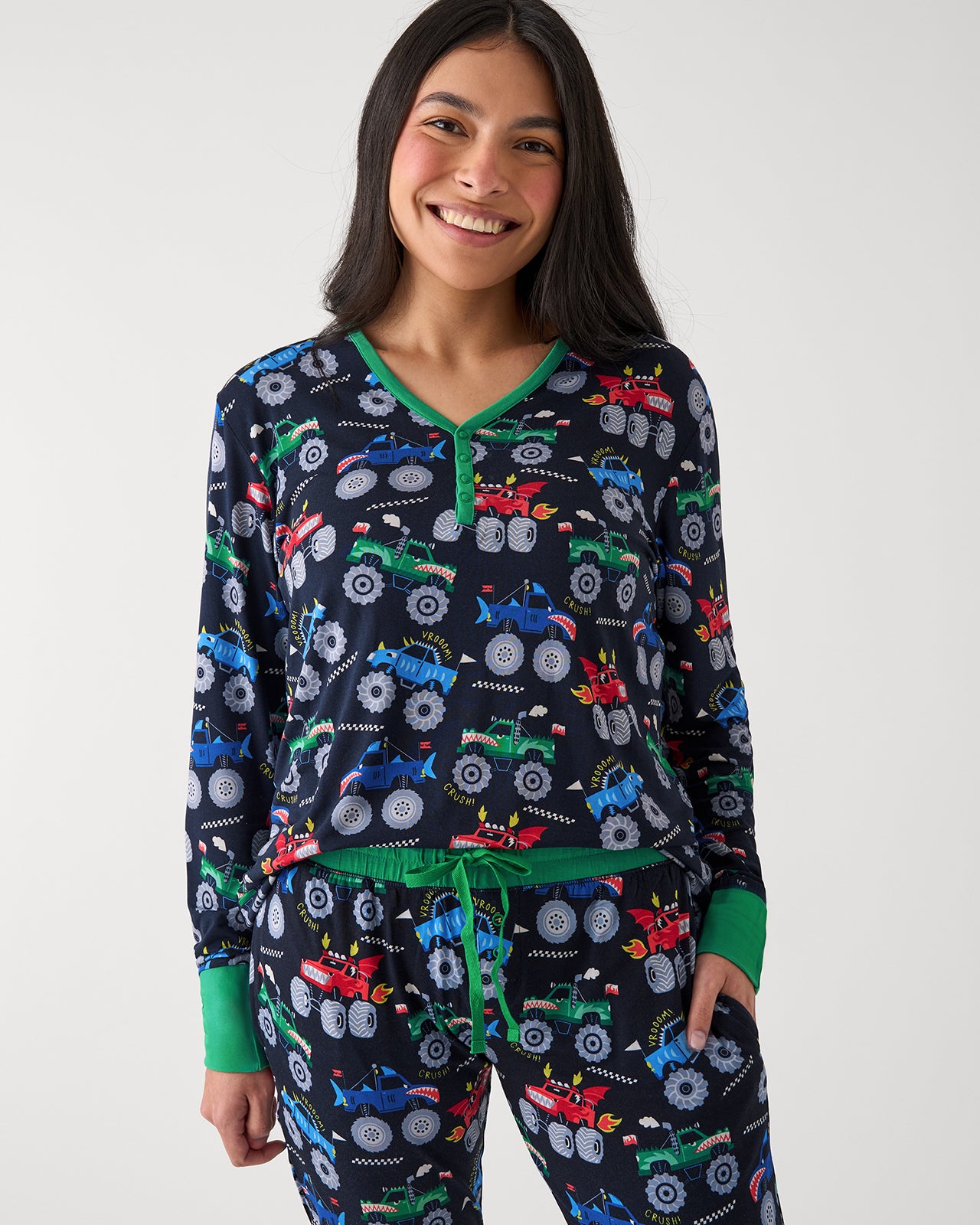 Woman wearing the Monster Truck Madness Women's Pajama Top