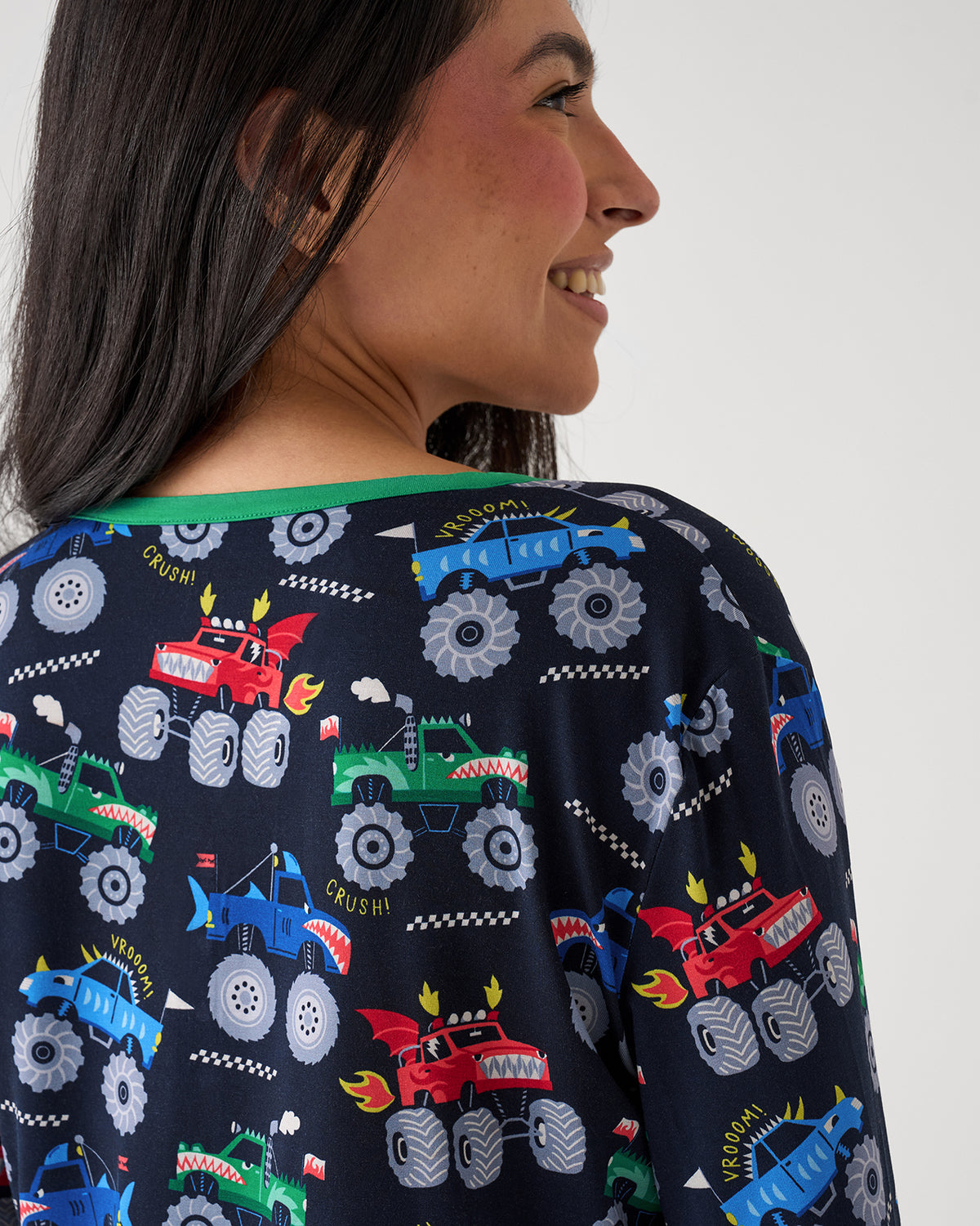 Close up of woman wearing the Monster Truck Madness Women's Pajama Top