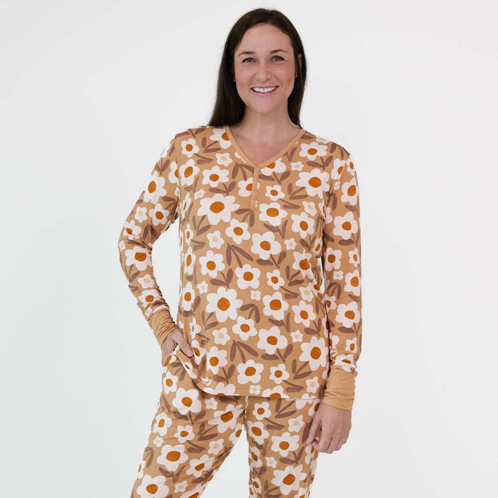 Image of a woman posing wearing a women's Daisy Daydream pajama top