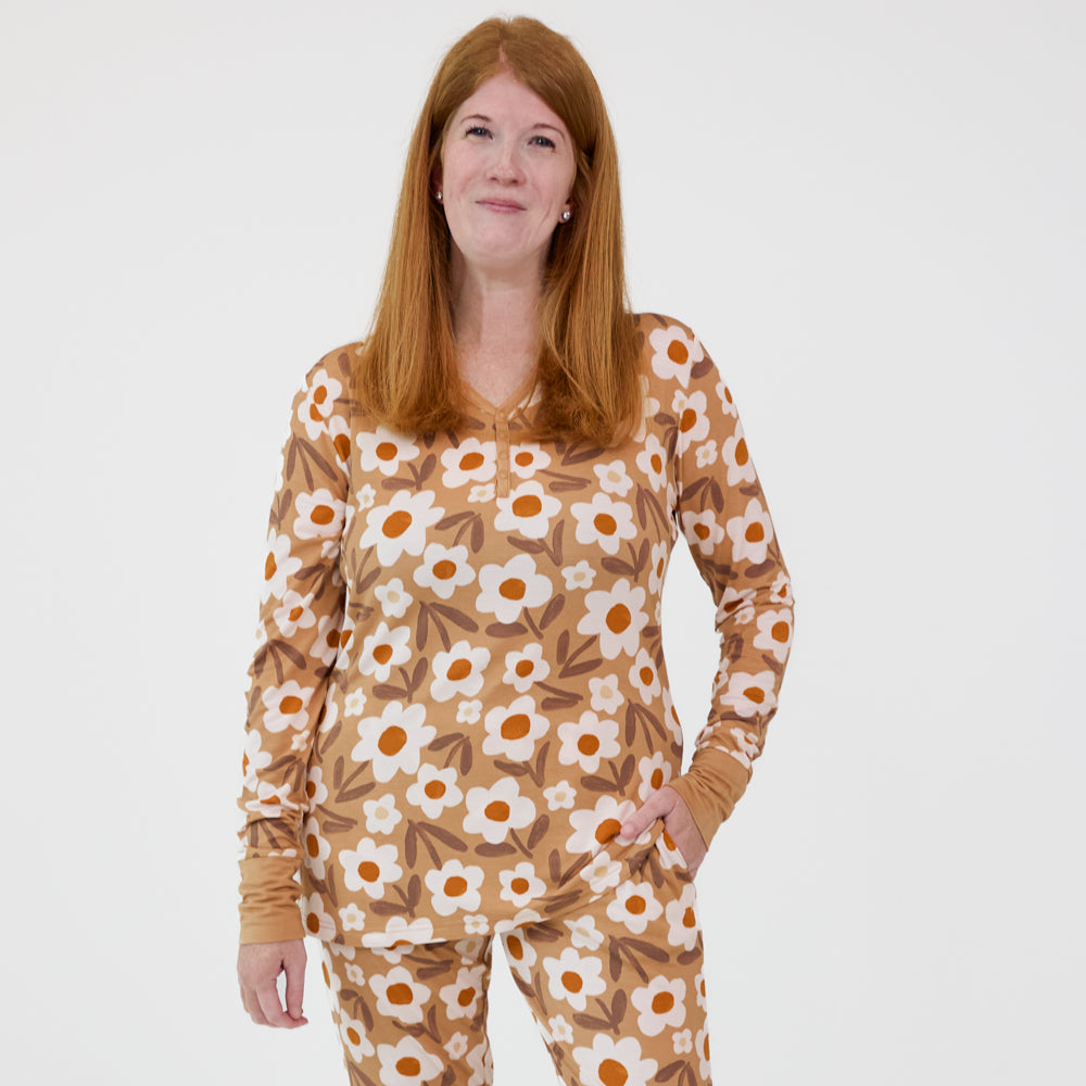 Alternate image of a woman posing wearing a women's Daisy Daydream pajama top