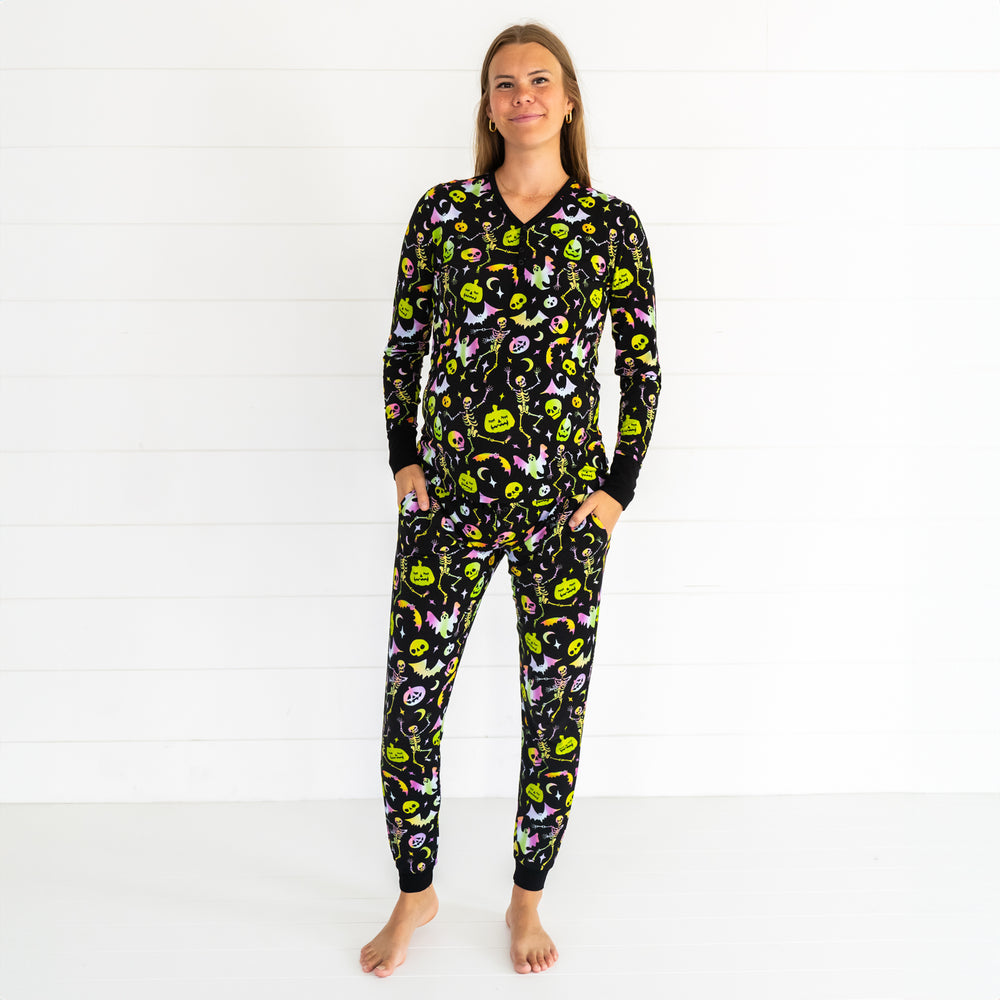 woman wearing a Cool Ghools women's pj top and women's pj pants