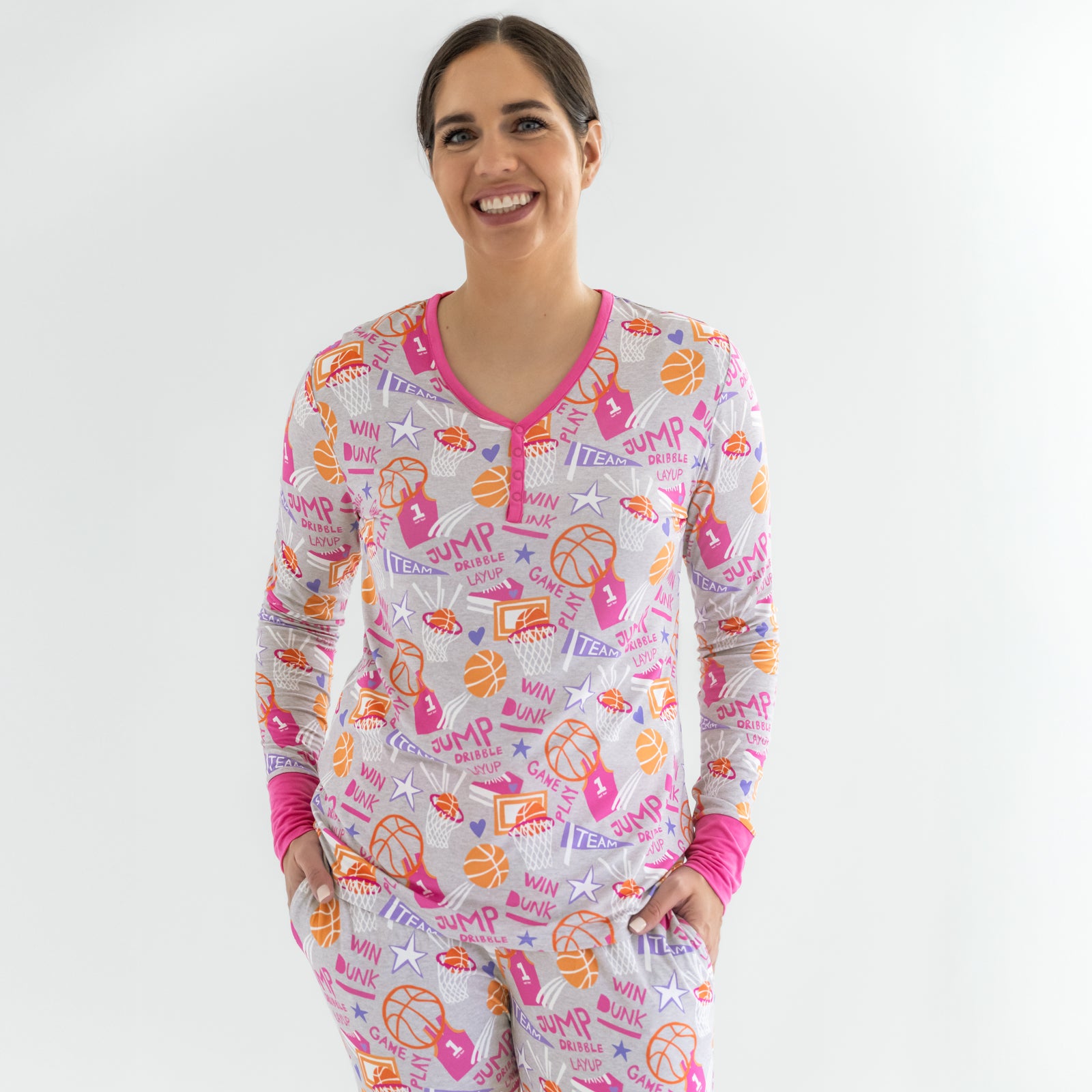 Woman wearing the Pink Slam Dunk womens long sleeve pajama top