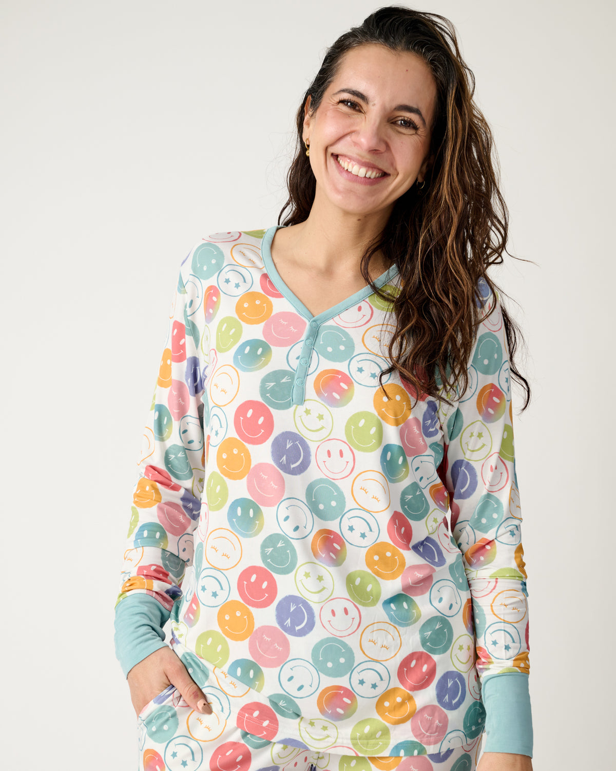 Alternate woman wearing the \Positive Vibes Women's Long Sleeve Pajama Top and Pants