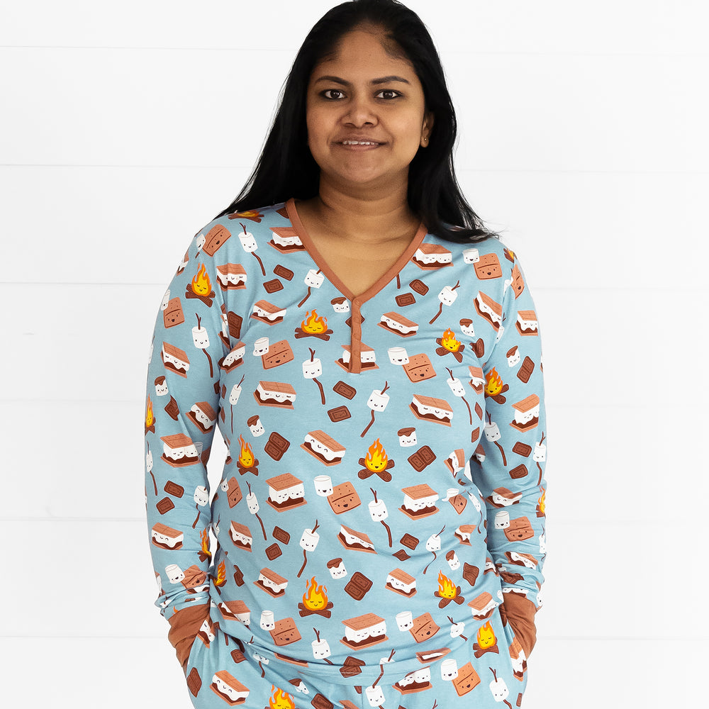 Close up image of a woman wearing a S'mores Galore women's pj top