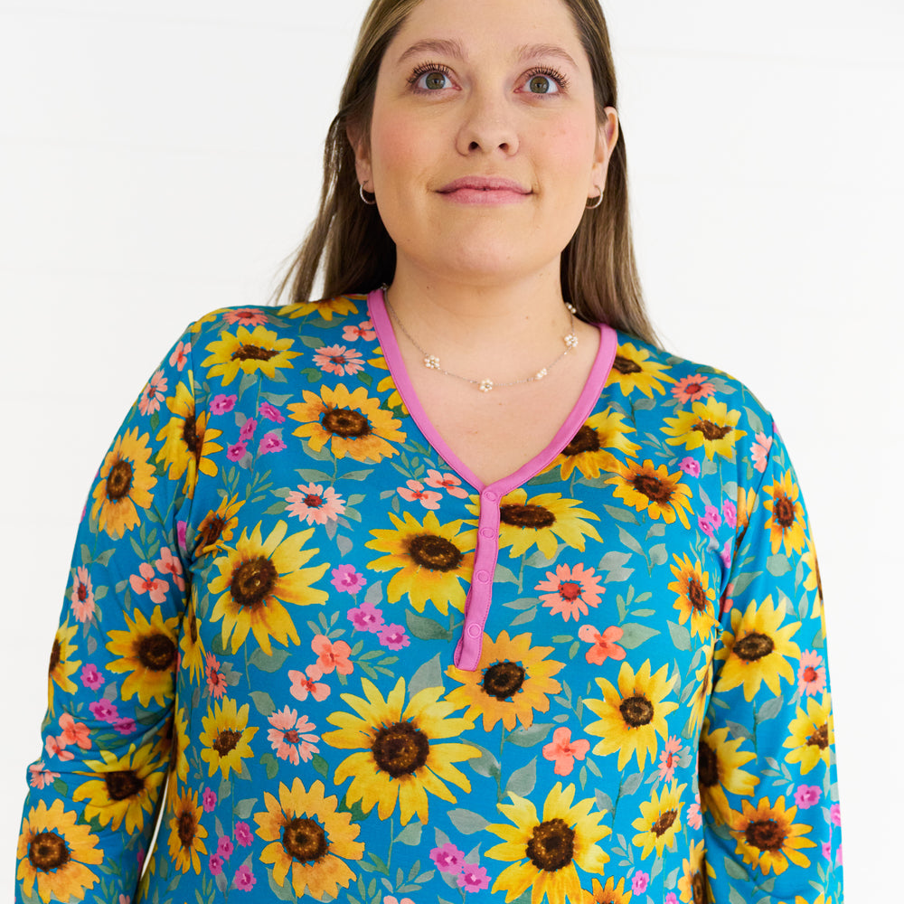 Close up image of the Sunflower Fields Women's Pajama Top