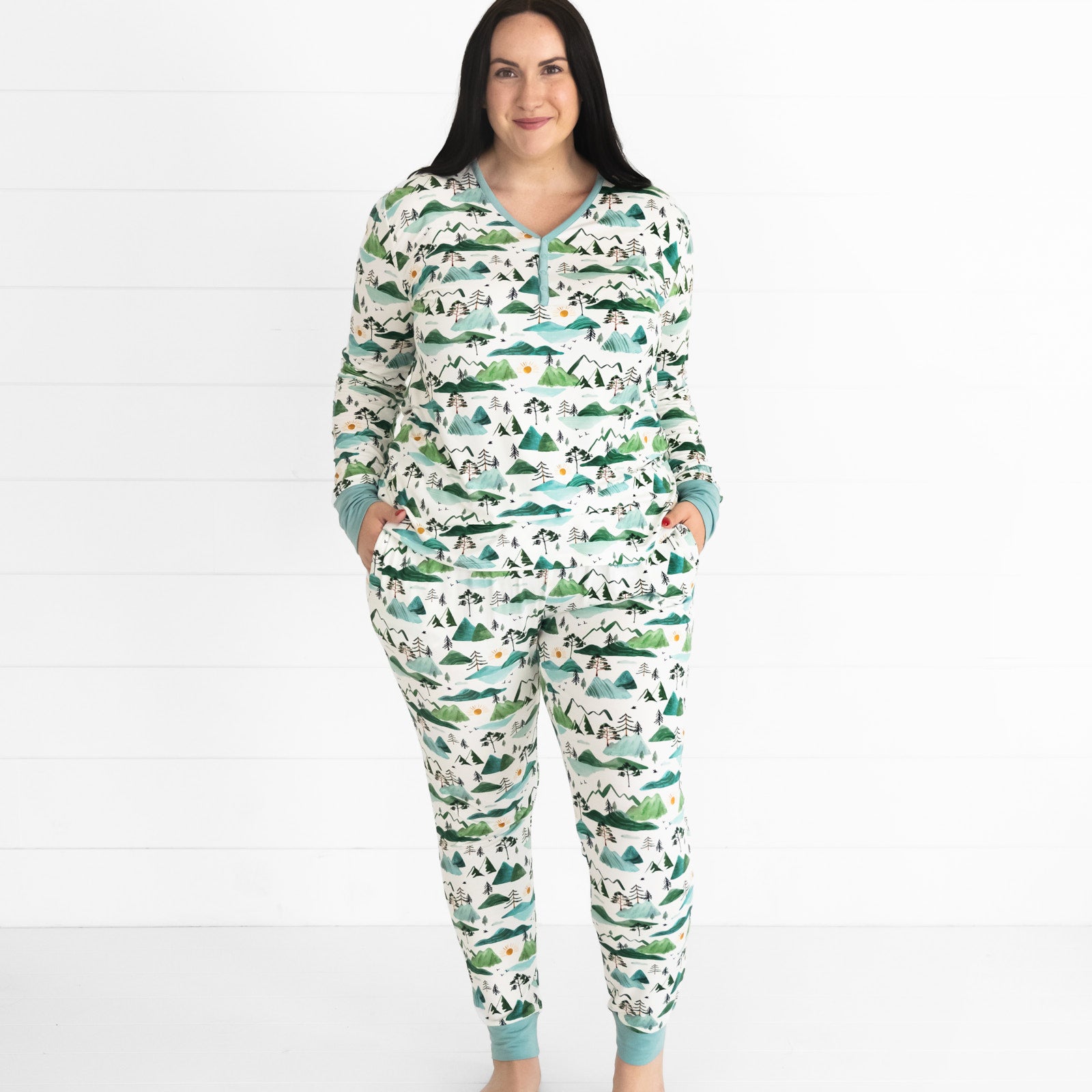 image of a woman wearing Mountain Mist women's pj top and matching women's pj pants