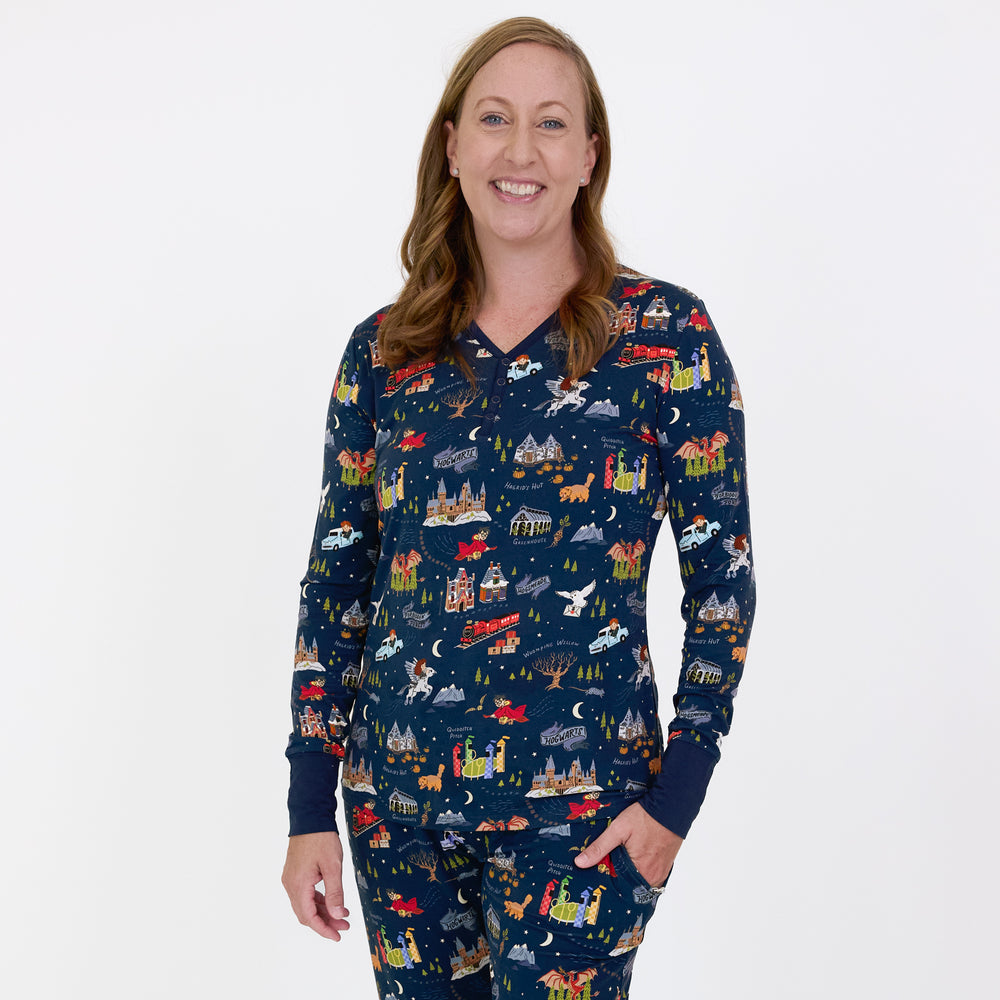 Image of a woman wearing an Evening at Hogwarts women's pj top