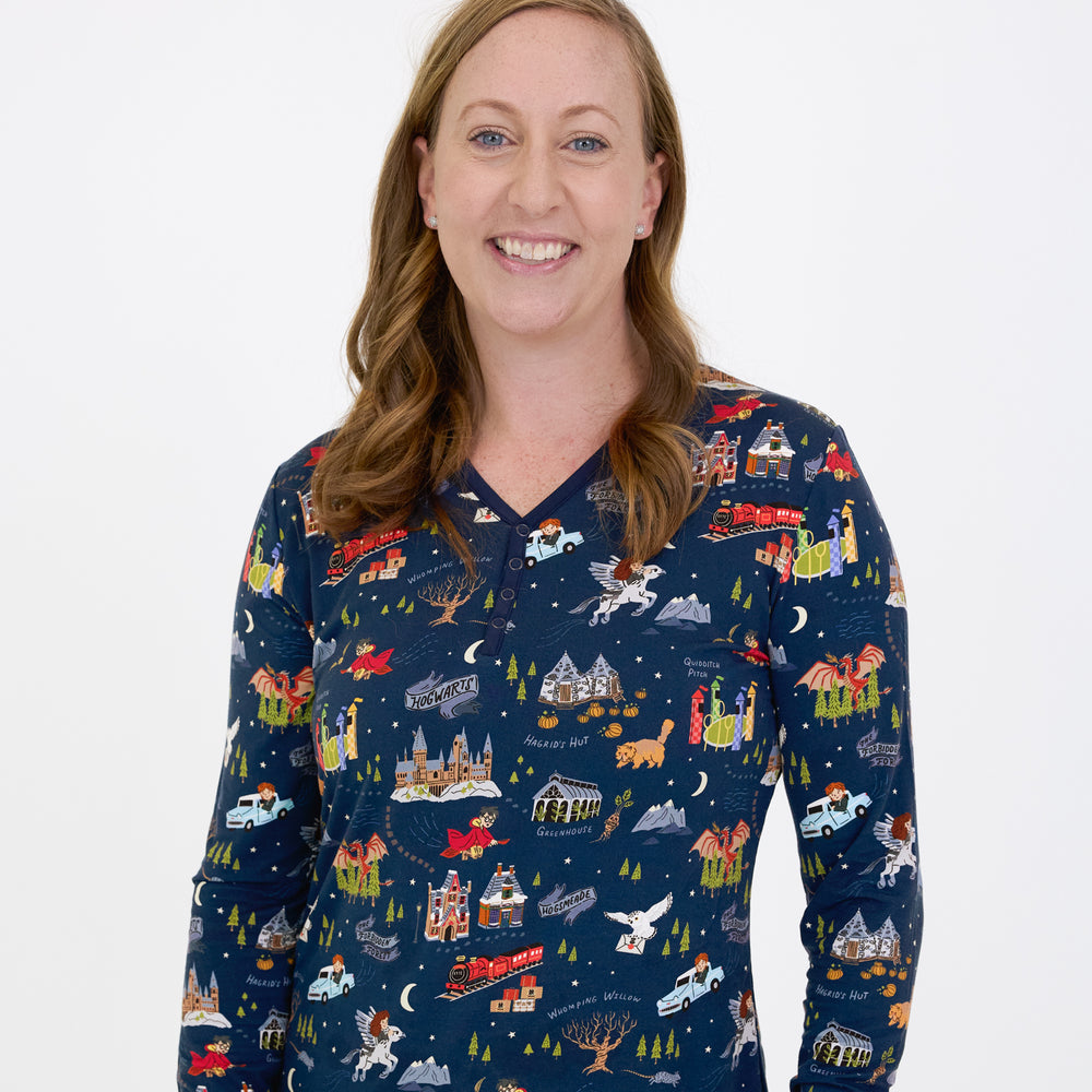 Close up image of a woman wearing an Evening at Hogwarts women's pj top