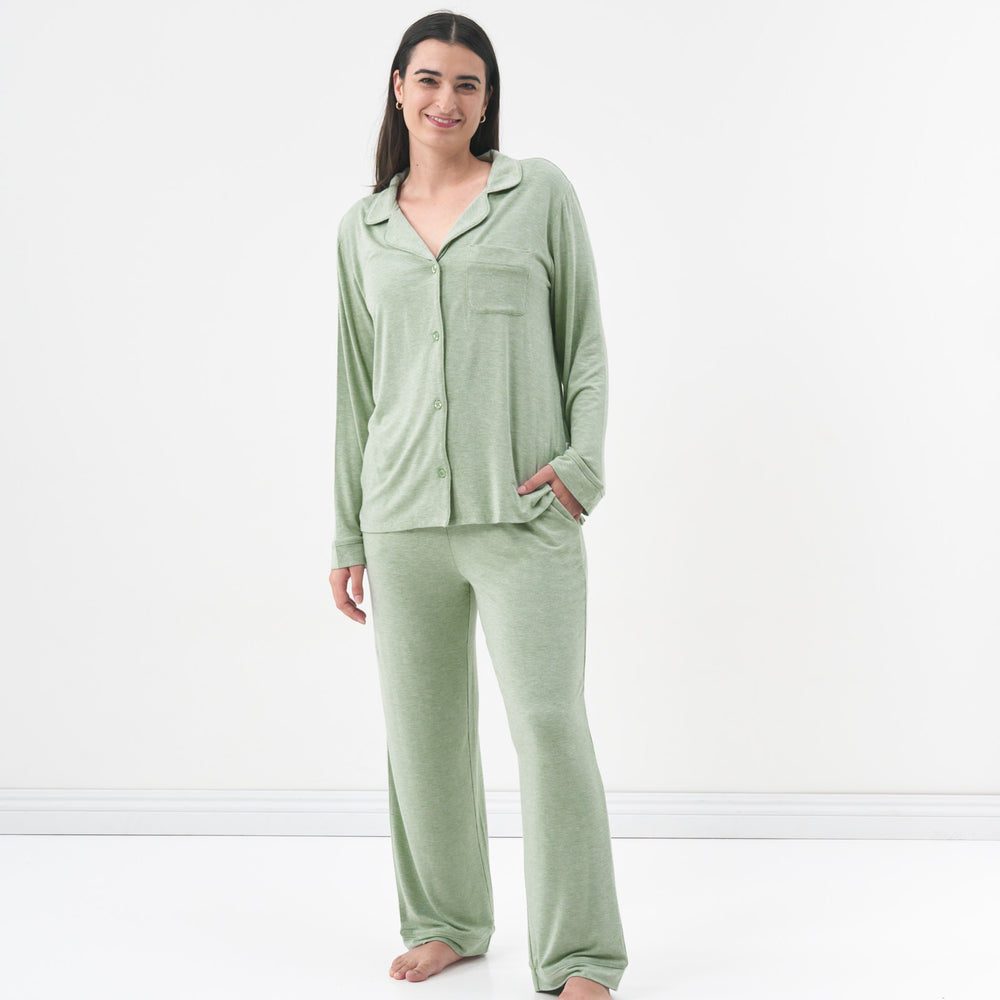 image of a woman posing wearing a Heather Sage women's pajama set showing off the pants pocket