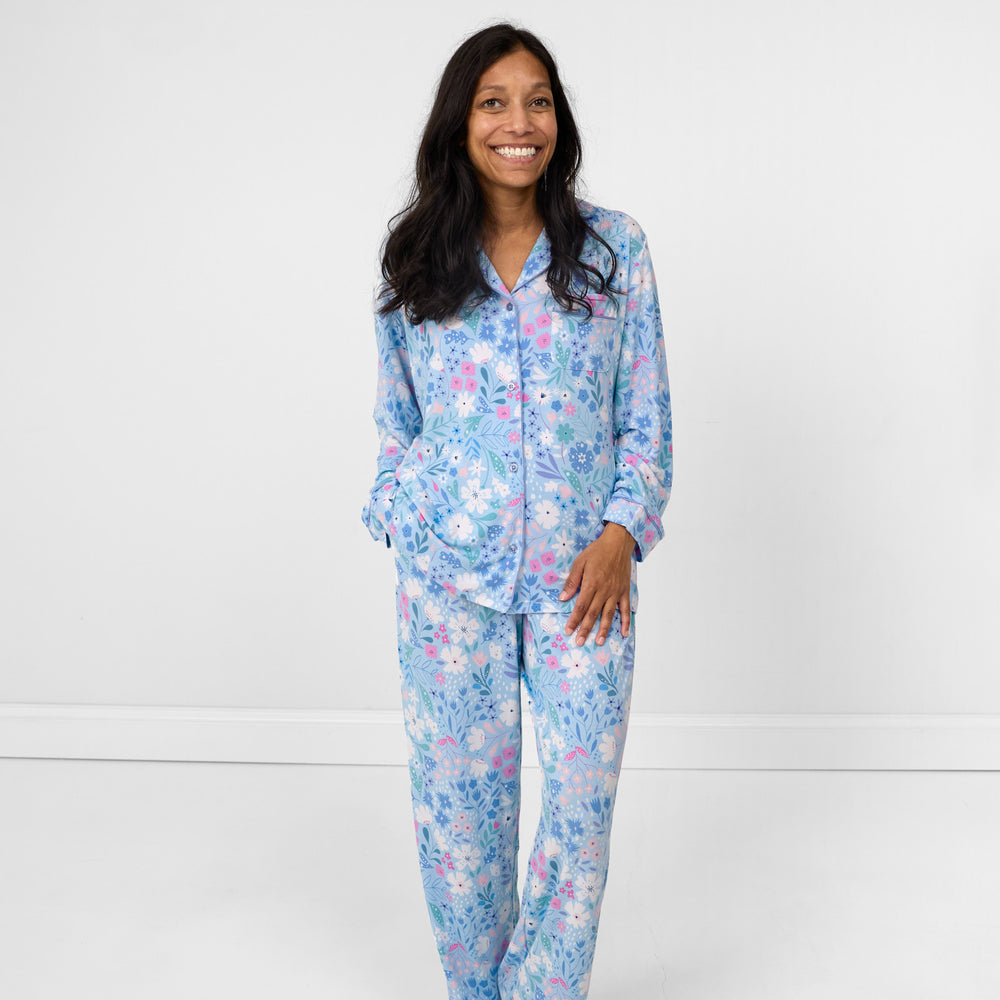 Alternate image of a woman posing wearing a two piece women's Magical Meadow pj set