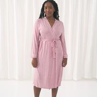 Woman posing wearing a Heather Mauve women's robe
